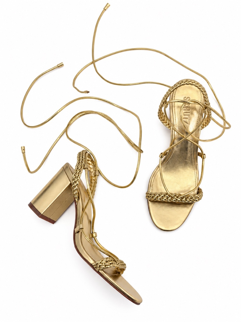 Schutz Maxima Block Gold Metallic Lace Up Sandals Size 7.5 Block Heel Leather
